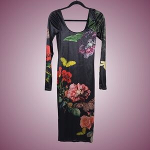 Alice + Olivia Delora Velvet Midi Dress In The Wind Floral Butterfly 2 Back Slit